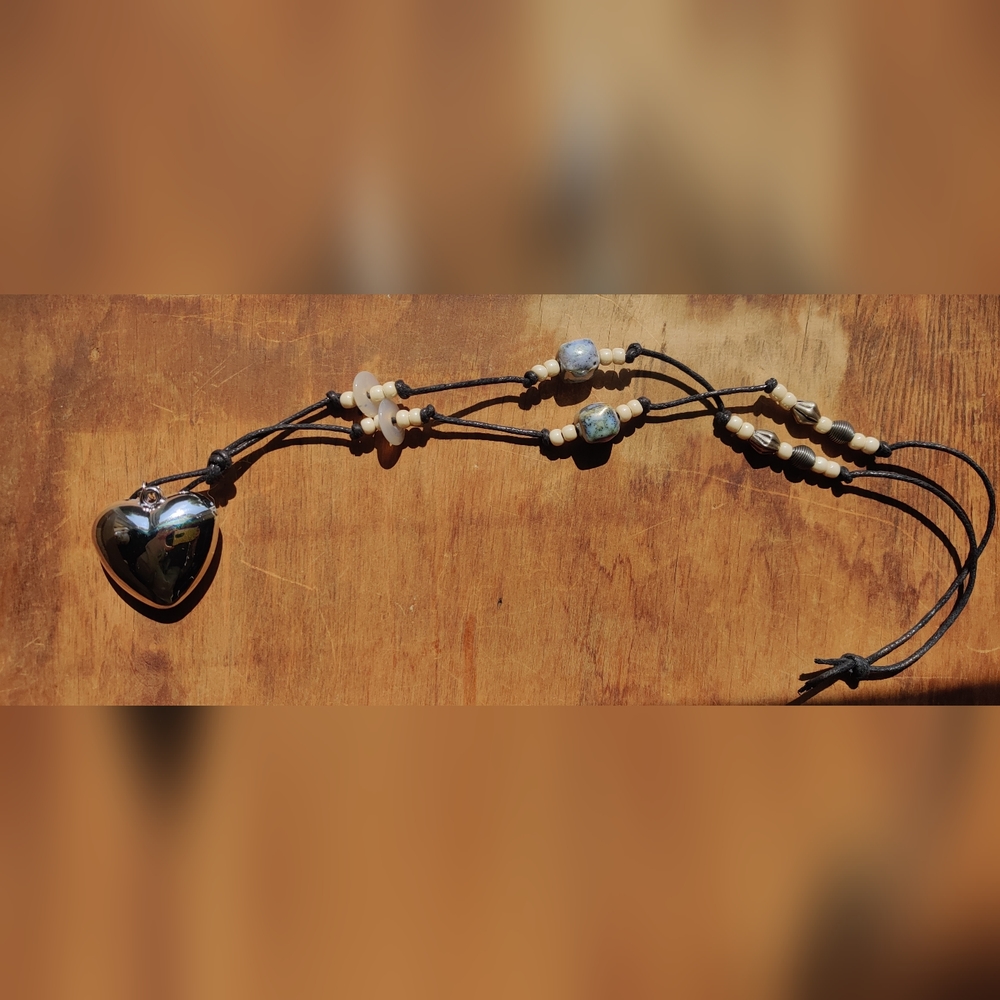 Beaded Corded Statement Necklace with attached Heart Charm NWOT Unique Piece